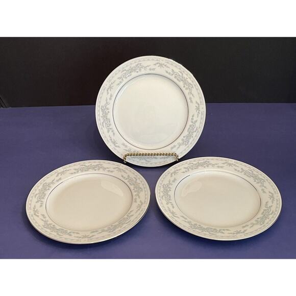 3 Somerset Bread Plates by Excel Blue Flower Band Blue Ribbons Platinum Trim - Picture 1 of 4